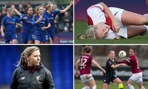 (clockwise from top left) Erin Cuthbert of Chelsea celebrates a goal; Beth Mead of Arsenal lies injured; Manchester City’s Keira Walsh in action with West Ham’s Jane Ross; Liverpool women’s coach Vicky Jepson