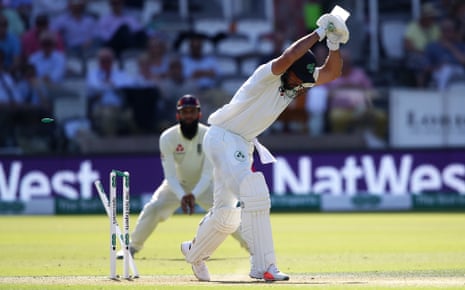 Stuart Thompson of Ireland is bowled out by Stuart Broad of England.