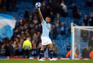 Jesus celebrates with a bomb after hat-trick has won, helping City win 6-0.