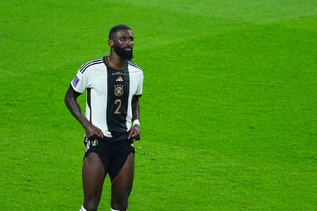 Antonio Rüdiger of Germany shows his frustration at full-time.