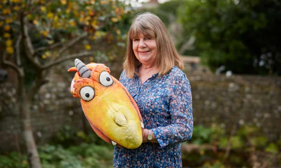 Julia Donaldson at home in the summer with Zog, the accident-prone dragon from her 2010 book.