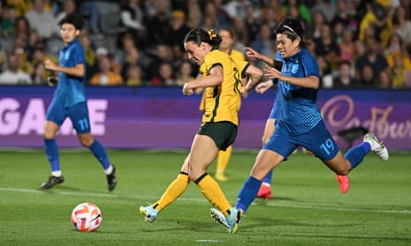 Hayley Raso of Australia scores her team’s second against Thailand at Central Coast Stadium in Gosford.