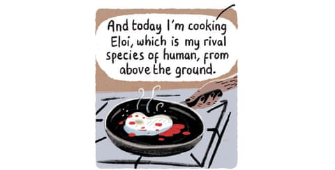 A series of Stephen Collins cartoon images about HG Wells and a Morlock , panel 3