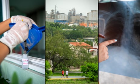 Un investigador recoge muestras de contaminación del alféizar de una ventana de una casa cerca de la planta de Zinc Nacional; los residentes caminan afuera de la gran planta; y una mujer que vive cerca de la planta muestra radiografías de sus pulmones.