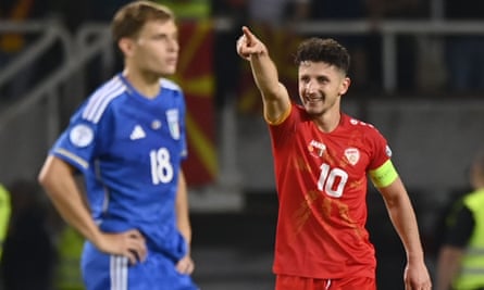 Enis Bardhi celebrates after levelling for North Macedonia from a free-kick