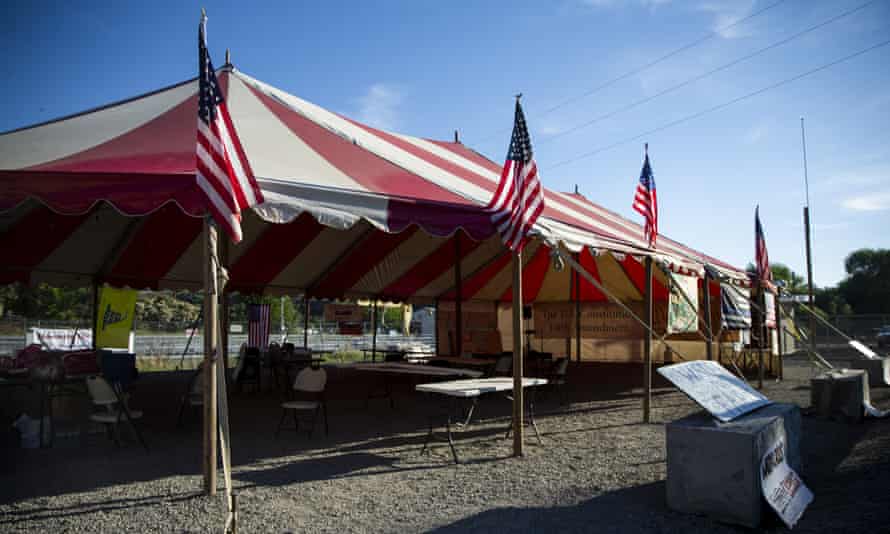 Grant Knoll and Dan Nielsen have set up a large tent on land adjacent to the headgates of the main canal.