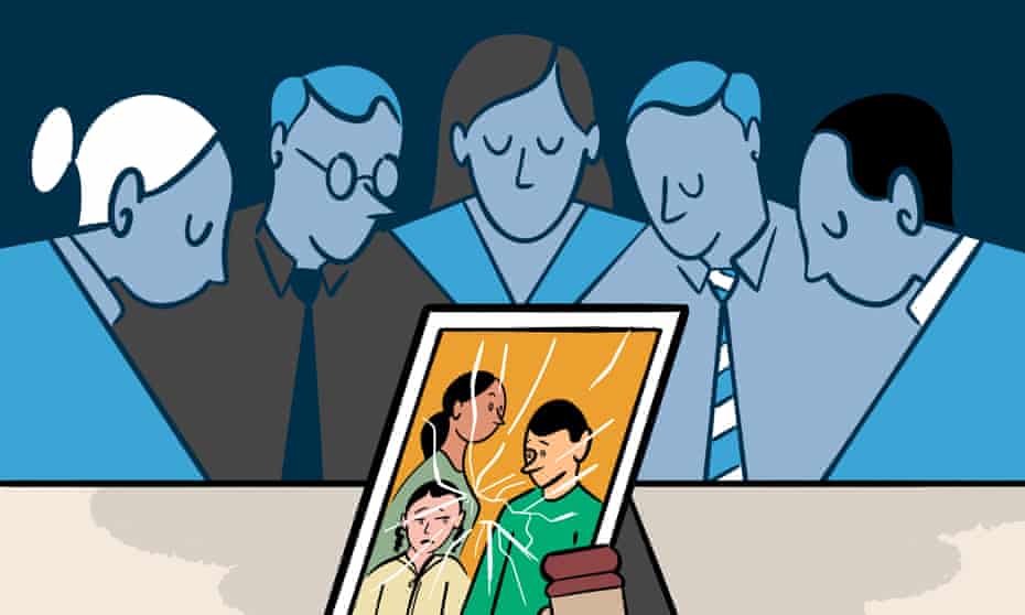 Illustration of a group of people, perhaps experts, with their eyes downcast, behind a family photo in a frame with shattered glass and a judge’s gavel lying beside it