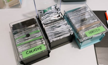 Boxes of cocaine, meth and heroin at the site where the Drug User Liberation Front sells tested and labelled drugs to a select group of people who use drugs in Vancouver.
