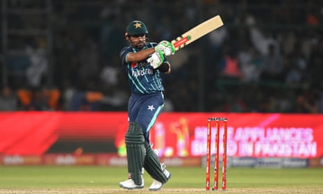 Babar Azam, captain of Pakistan in all formats, hits out during the fourth T20 against England.