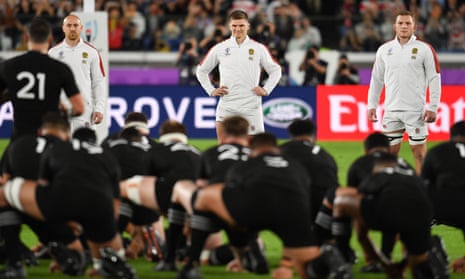 England players including Owen Farrell (centre) face the All Blacks performing the haka before their 2019 World Cup semi-final in Japan