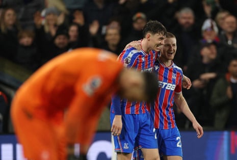 Jorgen Strand Larsen celebrates scoring his, and Crystal Palace’s, second goal with Adam Wharton.