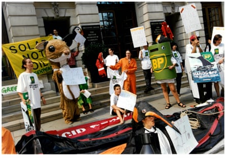 Greenpeace protesters holding banners outside the BP Headquarters, Finsbury Circus, London, in 1997