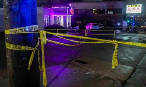 Atlanta police department officers investigate the scene of spa shootings on Piedmont Road in Atlanta, Georgia.