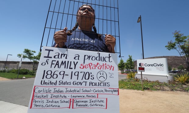 Lydia West, 53, of the Cheyenne and Arapaho native American tribes, protests US immigration policy that separates parents from their children, outside the Otay Mesa detention center in San Diego, California.