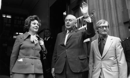 Harold Wilson accompanying his wife, Mary, to the Polling station in Great Smith Street, to their vote for the Referendum on the Common Market.