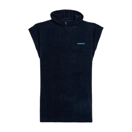 A navy Changing Robe with a light blur Finisterre log on the left breast.