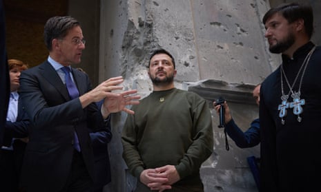 The Dutch prime minister, Mark Rutte, and Ukraine’s president, Volodymyr Zelenskiy, visit the damaged Transfiguration Cathedral in Odesa.
