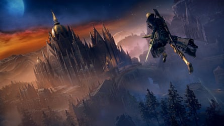 A barefoot character leaps high into the sky above a city of gothic architecture and bridges, a large moon in the sky.
