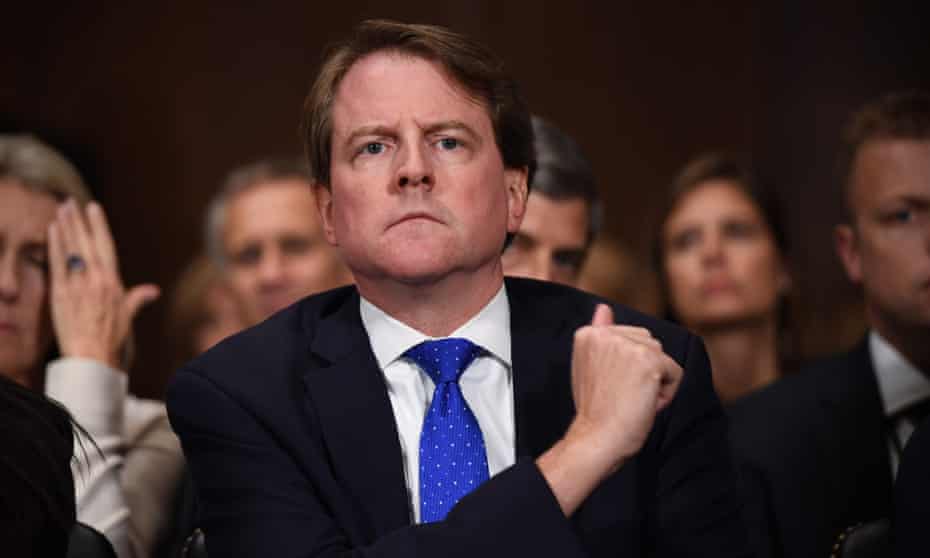 Don McGahn during the US Senate judiciary committee confirmation hearing for Brett Kavanaugh in 2018 on Capitol Hill in Washington DC. 