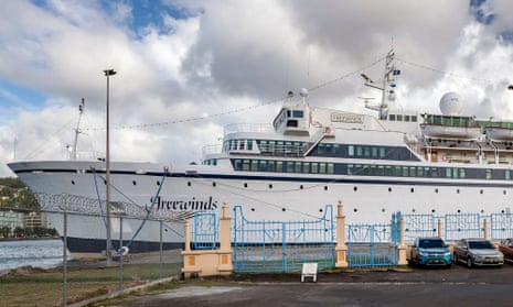 The Freewinds cruise ship owned by the Church of Scientology is seen docked in quarantine at the Point Seraphine terminal in Castries, Saint Lucia. 