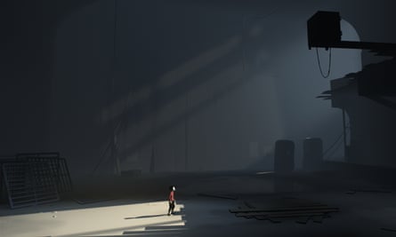Inside screenshot shows boy in vast warehouse environment