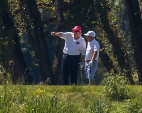 Donald Trump and Lindsey Graham playing golf at Trump National Golf Club in Sterling, Virginia, on 18 July 2020.
