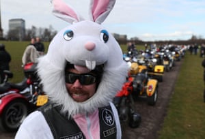 A biker in easter bunny suit