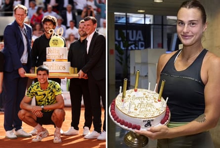 Carlos Alcaraz and Aryna Sabalenka with their birthday cakes at the 2023 Madrid Open