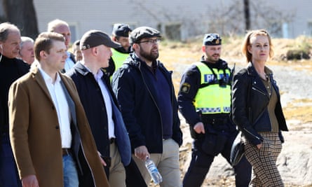 Jimmie Åkesson (third from right), Sweden Democrats leader, visiting Linköping in April after riots sparked by a far-right threat to burn the Qur’an.