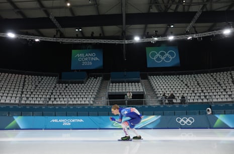 Jordan Stolz trains on day minus four of the Winter Olympics at the Milano Speed Skating Stadium.