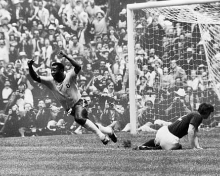 Pelé scores Brazil’s first goal against Italy during the 1970 World Cup final in Mexico