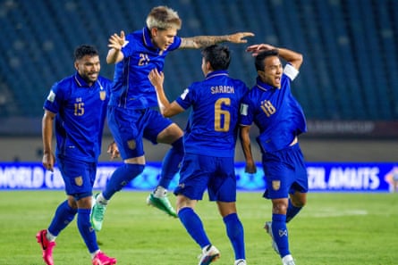 Players of Thailand celebrate after scoring during the Group B match against Vietnam at Si Jalak Harupat Stadium in Bandung