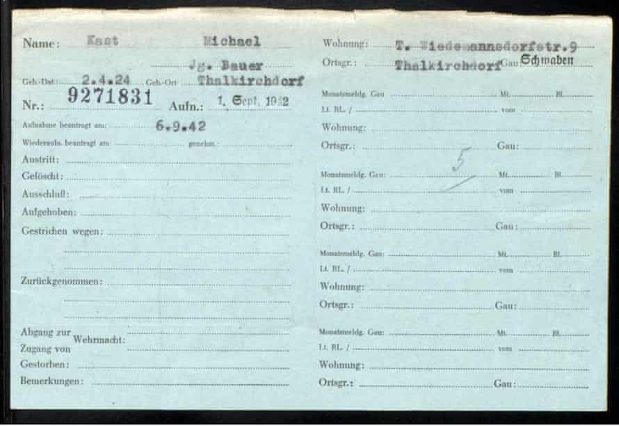 An image of an ID card shows that an 18-year-old named Michael Kast joined the National Socialist German Workers’ party on 1 September 1942.