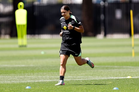 Sam Kerr runs during the Matildas training session at Polytec Stadium