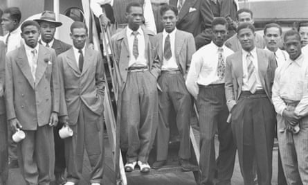 Jamaicans arrive to work in Britain at Tilbury, 1948.
