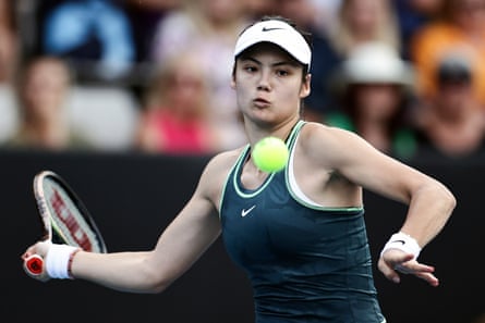 Emma Raducanu of Great Britain plays a forehand return to Elina Svitolina of Ukraine at the ASB Tennis Classic in Auckland