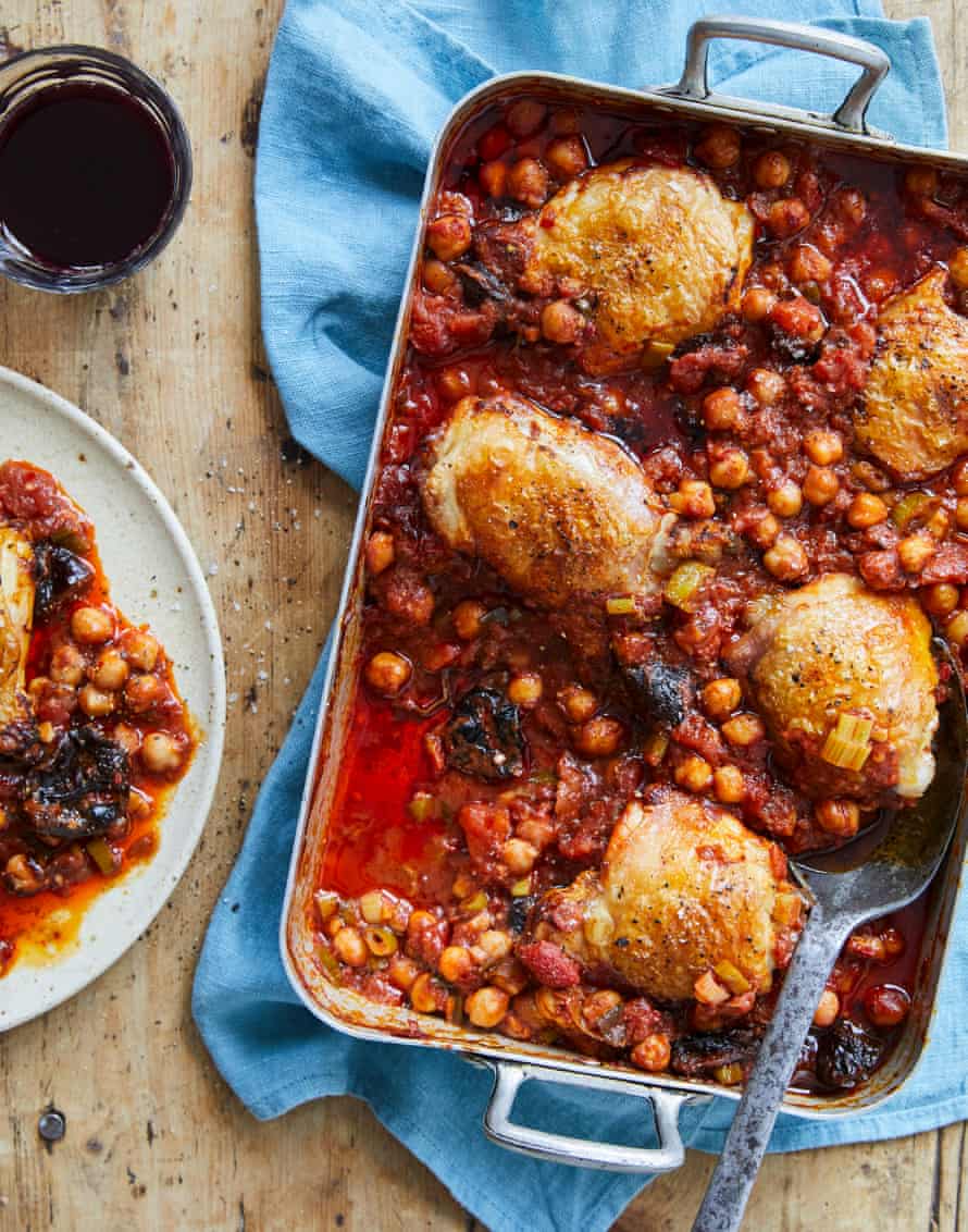 Tamal Ray’s chicken, chickpea and harissa traybake.