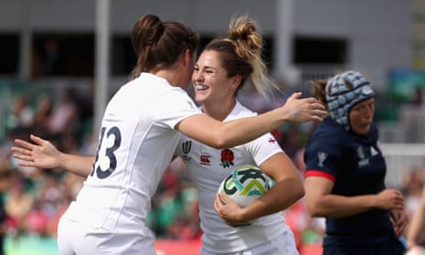 Amy Wilson Hardy (centre) celebrates with Emily Scarratt after scoring a try early in the second half.