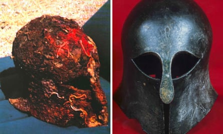 Before and after images of a rusted helmet then cleaned up