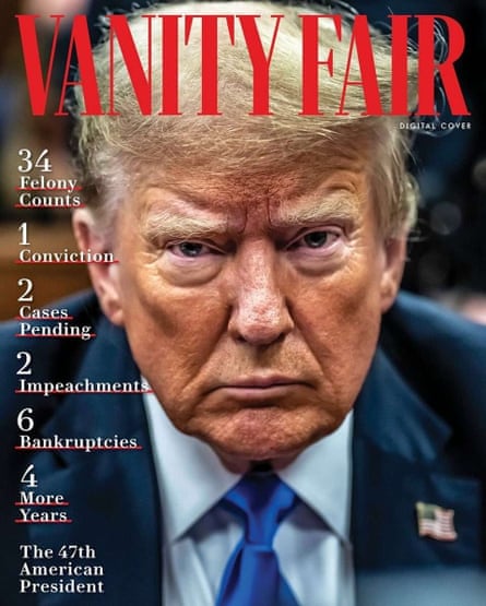 A Vanity Fair cover showing Trump looking into the camera alongside a list of his legal challenges.