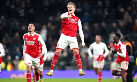 Arsenal’s Martin Odegaard celebrates following victory over Tottenham Hotspur.