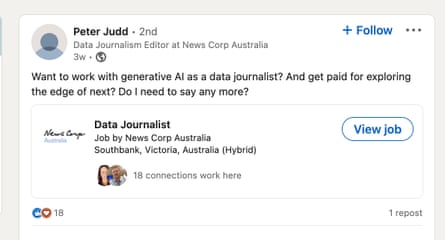 A LinkedIn job ad from Peter Judd for a data journalist