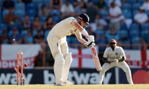 England’s Alex Lees is bowled by West Indies’ Kyle Mayers.