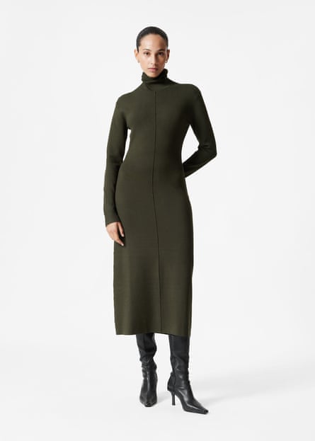 Model wearing an olive green knitted dress.