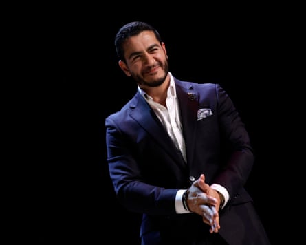 US Democratic Senate candidate from Michigan Abdul El-Sayed clasping his hands