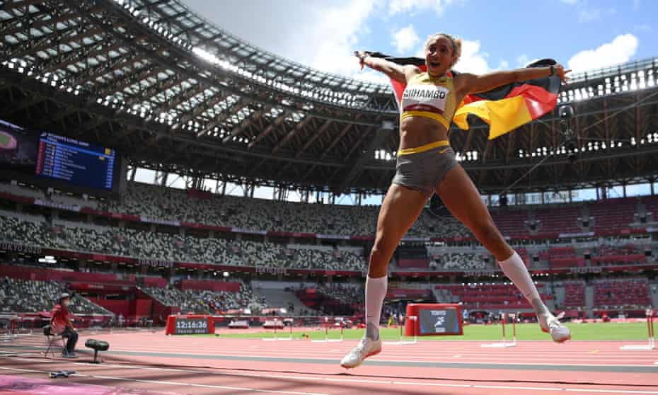 Malaika Mihambo of Germany celebrates winning the gold medal.