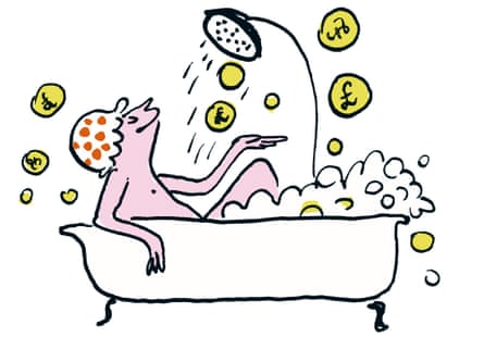 Illustration of a man in a bath with a shower cap on and shower over him, with bubbles all around with pound signs in them