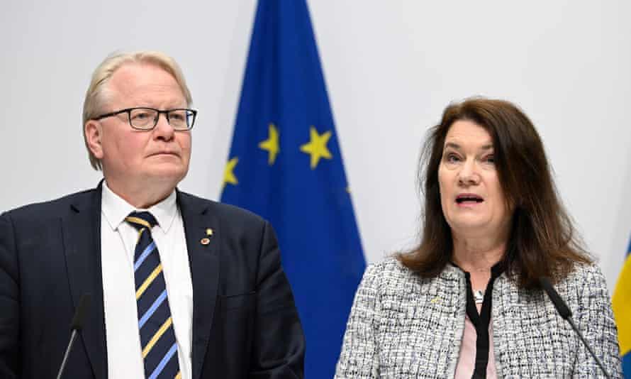 Sweden’s Minister of Defence Peter Hultqvist (L) and Minister of Foreign Affairs Ann Linde present a security policy analysis during a press conference in Stockholm, Sweden.