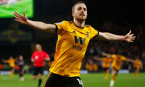 Diogo Jota celebrates after scoring the third goal for Wolves towards the end of the first half.