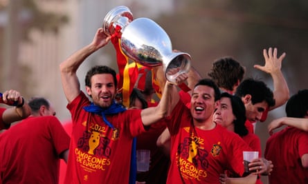 Juan Mata, left, and Santi Cazorla celebrate after Spain won Euro 2012 by beating Italy 4-0 in the final.